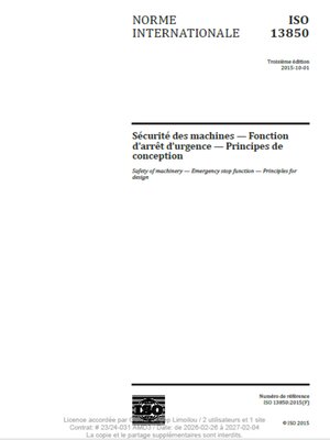 cover image of Norme internationale ISO 13850 : sécurité des machines